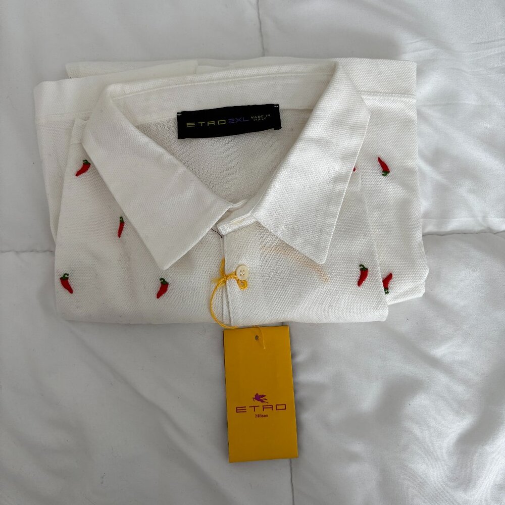 Etro White Men's Polo Red Chili Pepper Design Shirt Italian Luxury Med-Chic 2XL